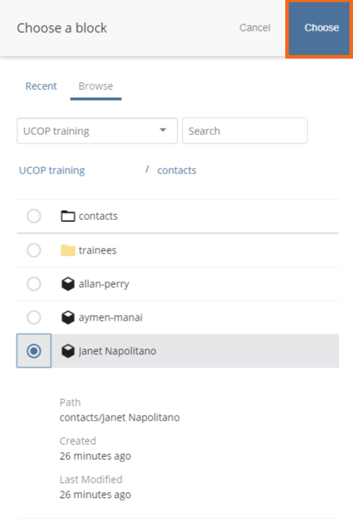 Browse interface: choosing a staff block