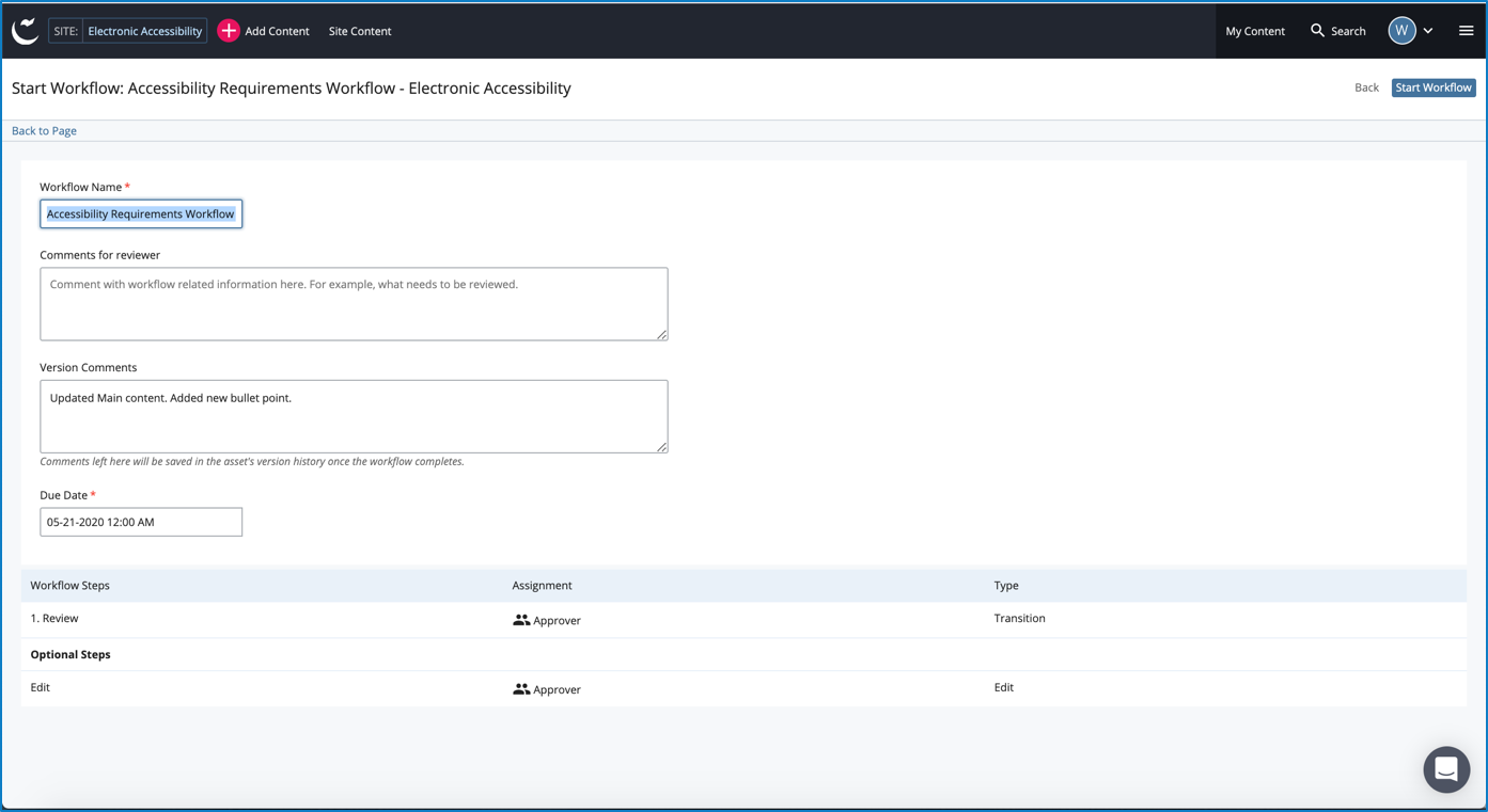 Enter comments and due date on workflow