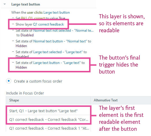 Example of a button opening a layer and hiding itself, with the layer's first element immediately after the button in the focus order