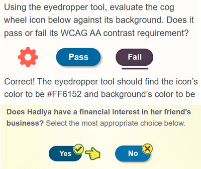 Underline used to convey that the Fail button was selected for a question that asks if a graphic passes or fails its contrast requirement