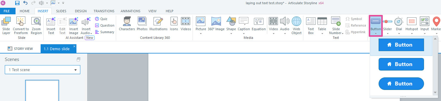 Button is currently the 31st of 40 tab stops in the Insert ribbon, in ribbon's Interactive Objects sub-section