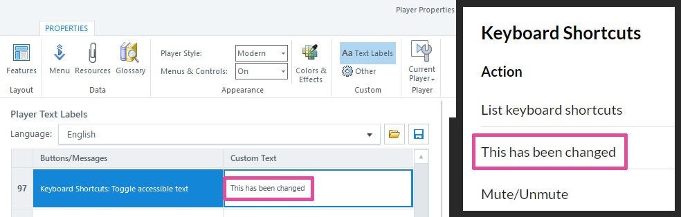 Example of the Toggle accessible text action label being changed to 'This has been changed'