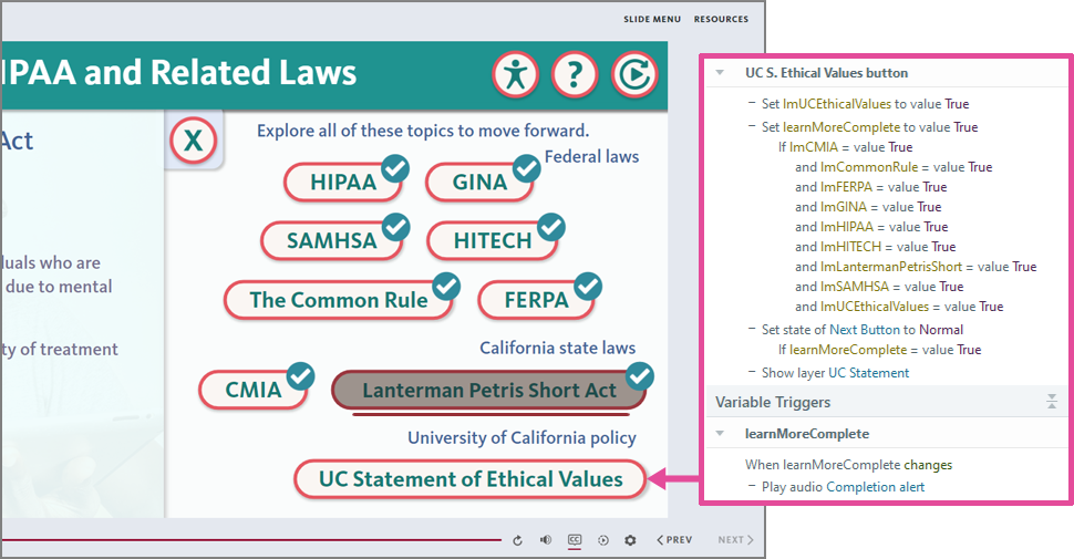 Example of using a variable to track if all layers in a slide have been opened; when they have, the variable is set to true, and that variable change triggers a completion alert audio file to play