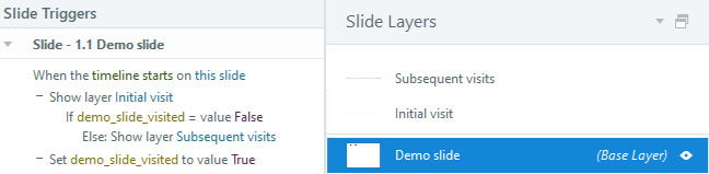 This approach may utilize a 'When timeline starts on this slide, show layer Initial visit if the slide_visited variable = false, else show layer Subsequent visit' trigger followed by a 'When timeline starts on this slide, set slide_visited variable to true' trigger