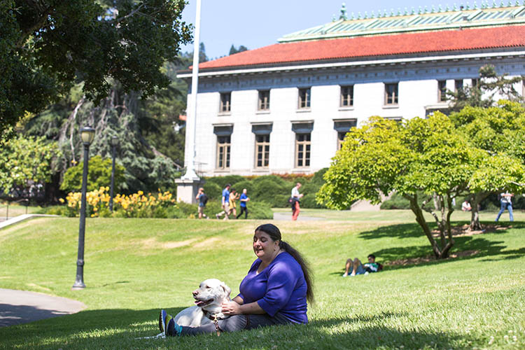 Lucy Greco with her guide dog Pecan on the Berkeley campus