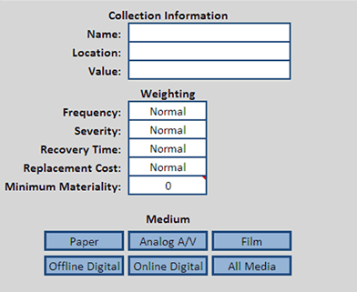 Library Risk Model information collection screen showing data fields such as name, location, value, medium, etc.