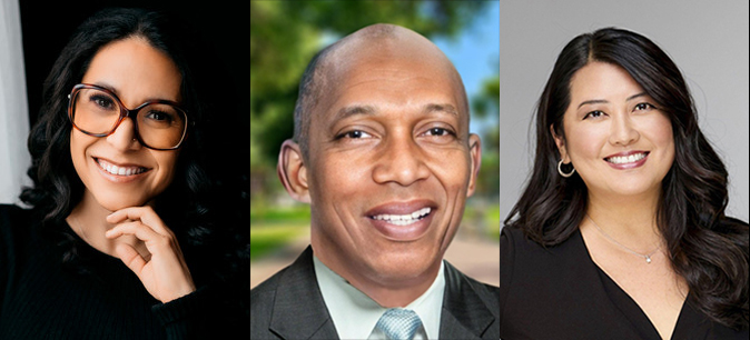 Isabel Alvarado, Systemwide Title IX deputy director, and Calvin Turner, executive director, UCPath, Junna Ro, managing counsel for strategic legal initiatives, UC Legal