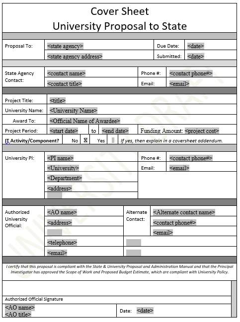 Screenshot displaying the layout of the CMA Cover Sheet - University to State. Instructions for populating the fields in the cover sheet are below.