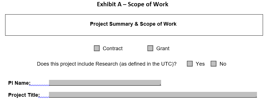 Screenshot displaying the form fields for the Project Summary & Scope of Work in Exhibit A of the California Model Agreement