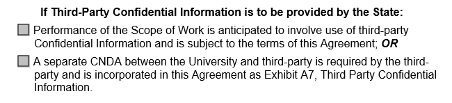 Screenshot displaying the layout of Third Party Confidential Information section in Exhibit A of the California Model Agreement