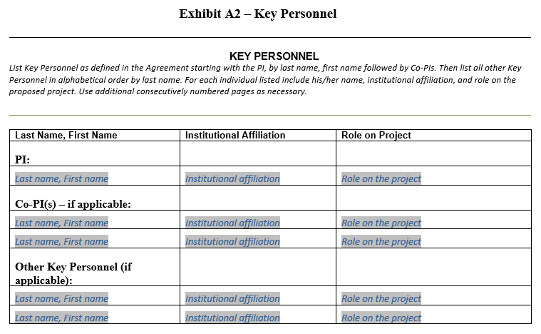 Screenshot displaying the layout of Exhibit A2-Key Personnel of the California Model Agreement