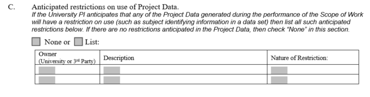 Screenshot displaying the layout of the Anticipated Restrictions on Use of Project Data section of Exhibit A4 of the California Model Agreement