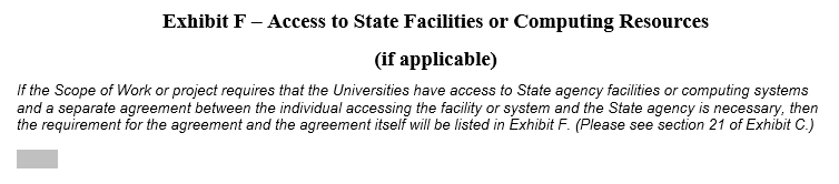 Screenshot displaying the layout of Exhibit F - Access to State Facilities or Computing Resources from the California Model Agreement