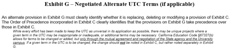 Screenshot displaying the layout of Exhibit G - Negotiated Alternate UTC Terms from the California Model Agreement