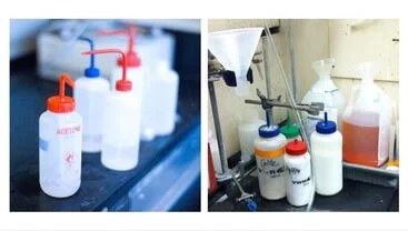 Left: four capped containers on a lab table. Right: a beaker and 7 containers of chemicals on a lab table.