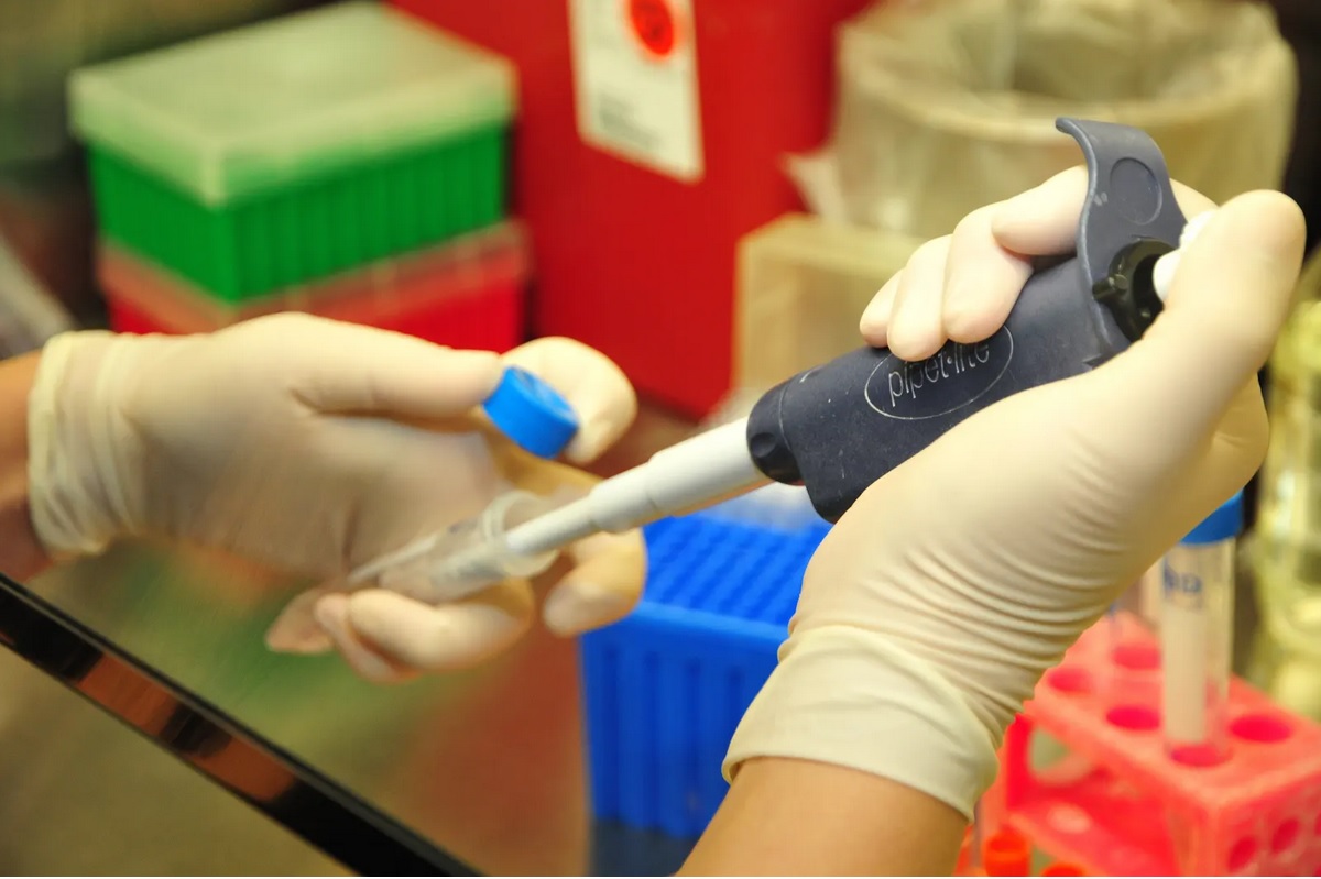 Close-up of a person's hands wearing white lab gloves using a pipette to put liquid into a test tube.